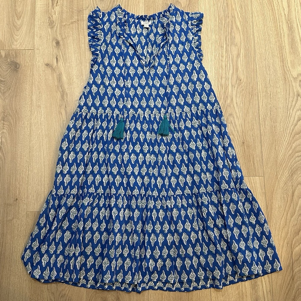 J Crew Factory Blue Ikat Floral Cotton Dress Ruffle Neck EUC Women's Sz Large